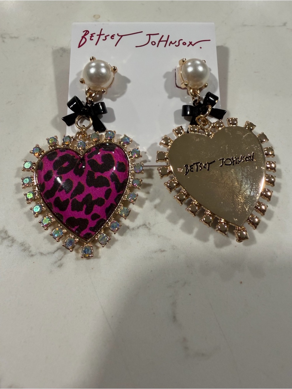 Betsey Johnson Purple Leopard Heart Drop Earrings with Pearl and Black Bow